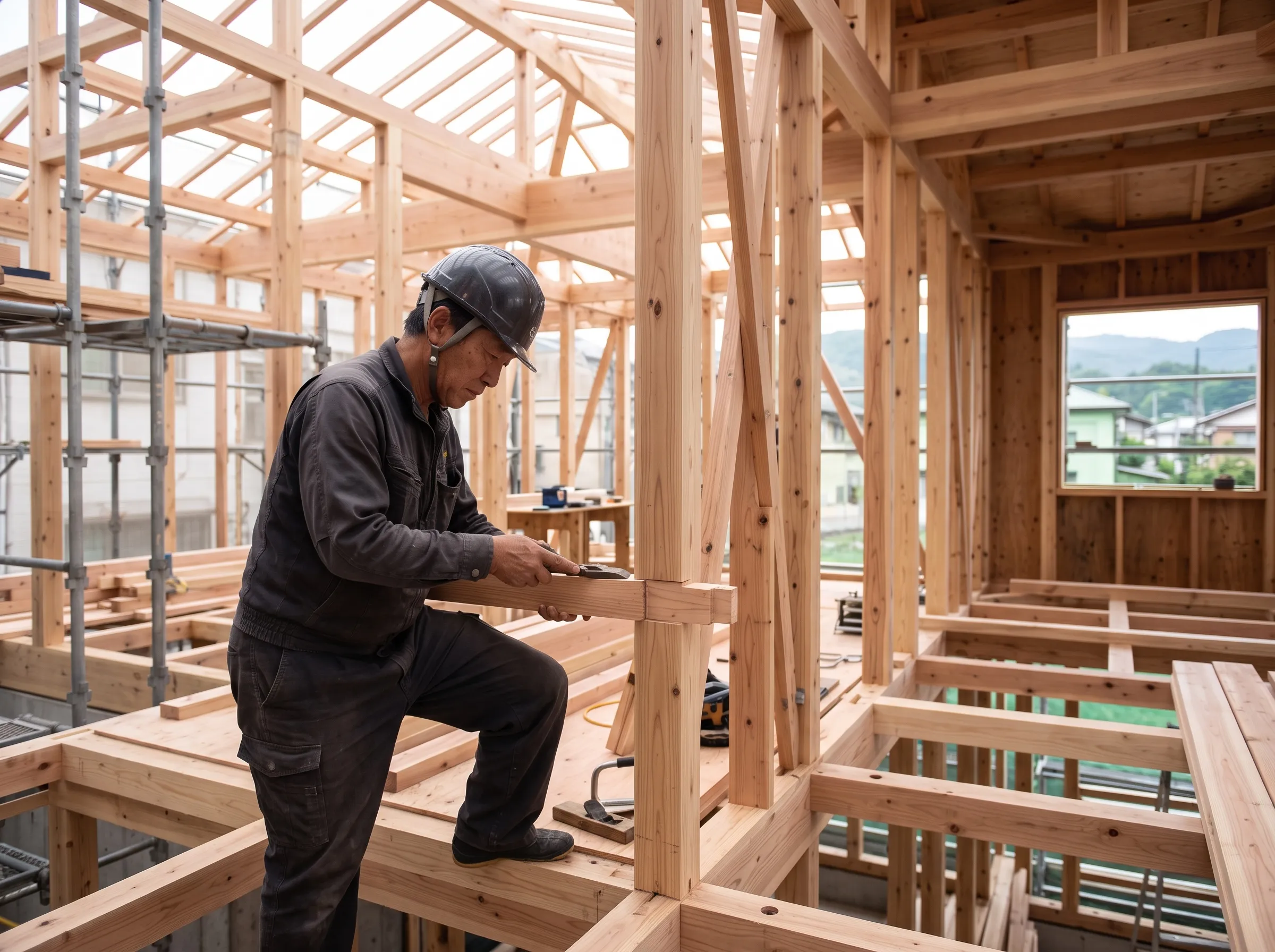 木造住宅の建て方現場で、木材の仕口を手作業で調整する大工